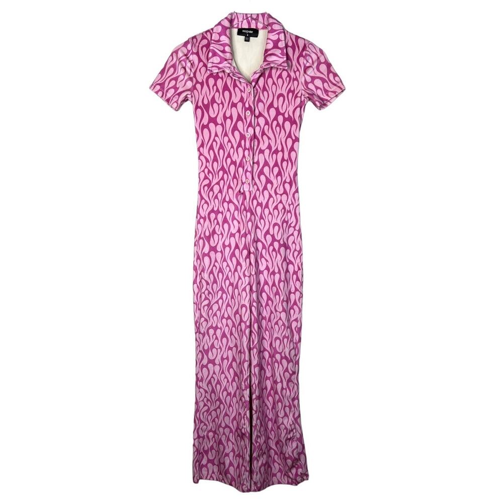 New Girl Order UO Flame Velour Jumpsuit AOP Y2K Retro Pink Womens UK 6, US 2